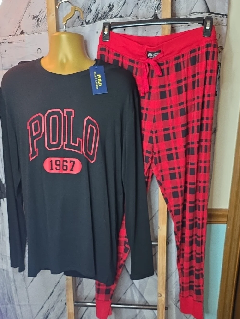 Polo by Ralph Lauren Mens Black Top with Red Logo & Red Plaid Pajama Pants Large